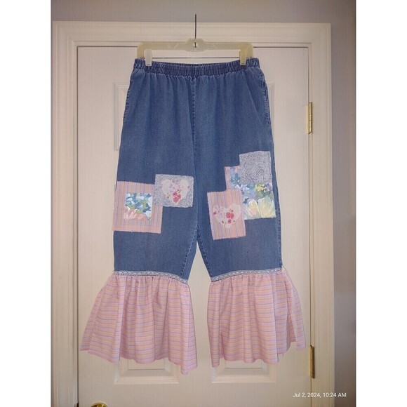 Custom Denim Bloomers OOAK Shabby Chic Ruffles Lace Boho pink Blue Florals - Picture 1 of 10